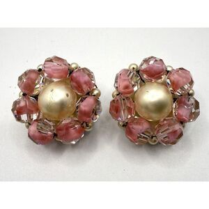 Vintage Marvella Faux Pearl Pink Peach Rhinestones Round Clip On Earrings